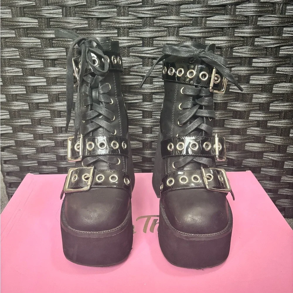 Dolls Kill Black Platform Buckle Lace-Up Heeled Ankle Boots - Picture 2 of 3